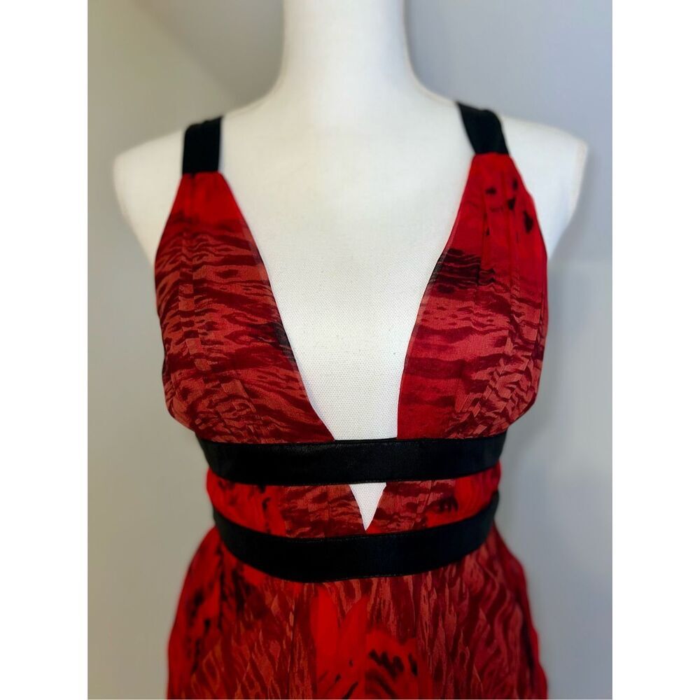 100% Silk Low Cut Red Gown Midi Dress Ruffle Hem Women’s XS